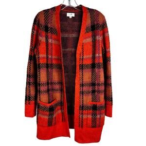 Lucky‎ Brand Oversized Cardigan Womens S/P Orange Brown Plaid earthy granny